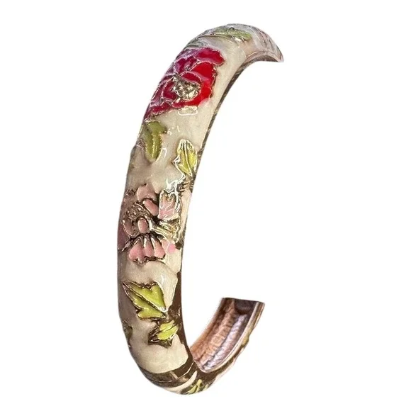 Vintage Enamel Floral‎ Hinged Bangle Bracelet Gold Tone Women's Fashion Jewelry - Picture 2 of 7